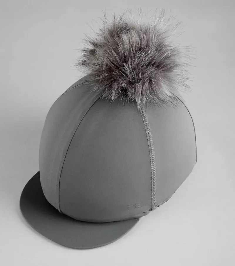 Premier Equine Jersey Hat Silk With Faux Fur Pom Pom - Anthracite-3