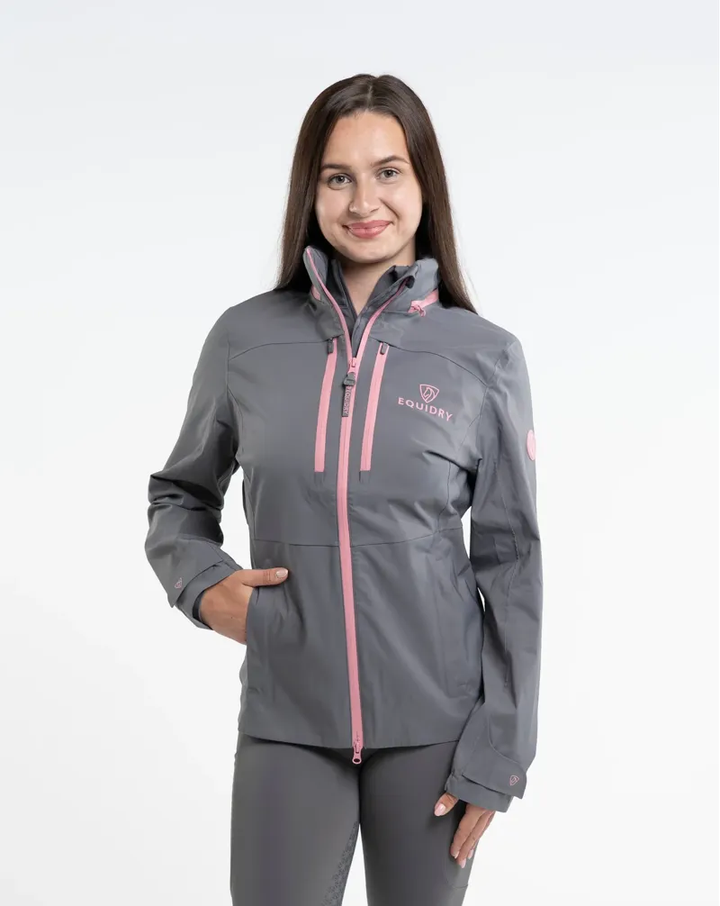 EQUIDRY Varsha Ladies Waterproof Jacket with Stowaway Hood - Grey/Pink-1