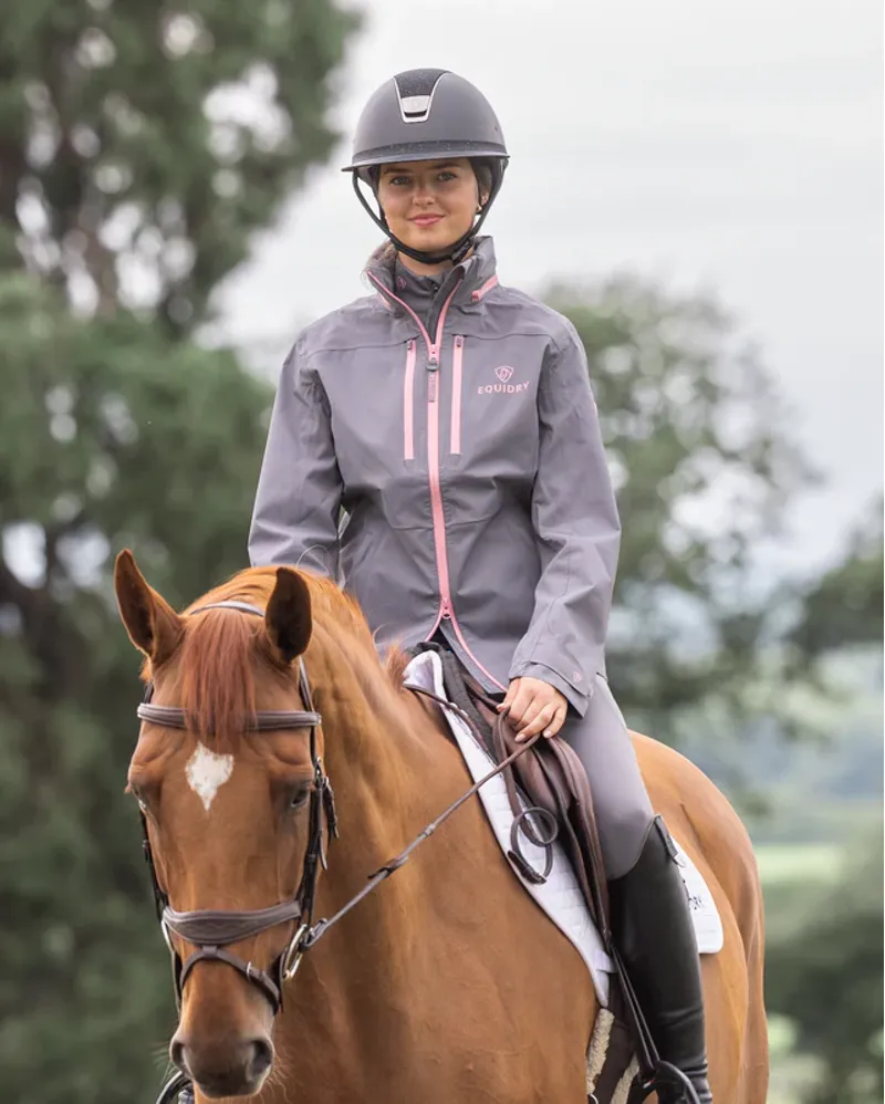 EQUIDRY Varsha Ladies Waterproof Jacket with Stowaway Hood - Grey/Pink-5