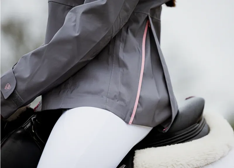 EQUIDRY Varsha Ladies Waterproof Jacket with Stowaway Hood - Grey/Pink-4