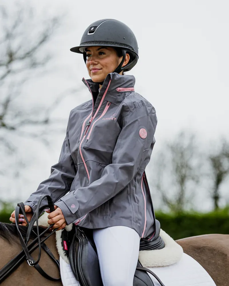 EQUIDRY Varsha Ladies Waterproof Jacket with Stowaway Hood - Grey/Pink-6
